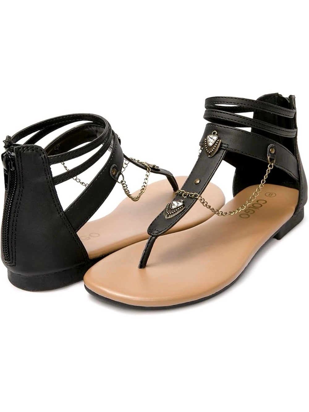 Black T-Strap Gladiator Sandals with Chain